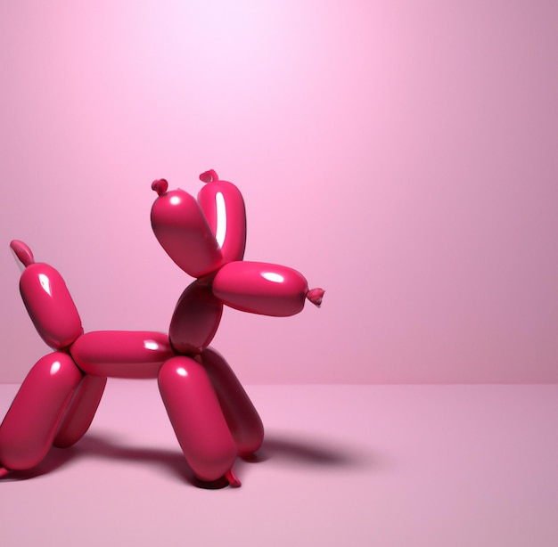 A red balloon dog is made of balloons and has a red heart shape on the nose.