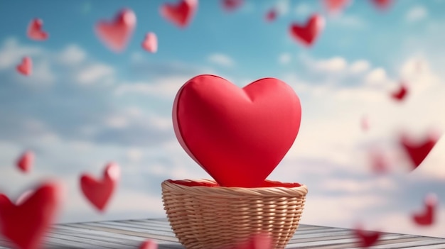 red balloon in heart shape flying with empty basket