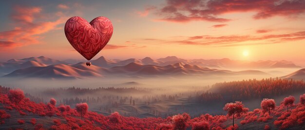 Photo a red balloon in the shape of a heart flies over a forest in the early fog