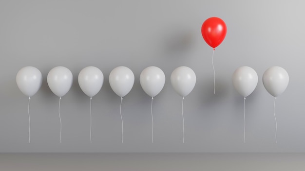 Red balloon stand out of the group competition business and different concept 3d render