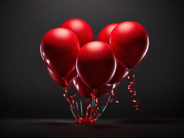 Фото Красные воздушные шары и красный лук на черном фоне пустое пространство для текста концепция