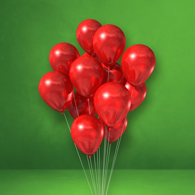 Photo red balloons bunch on a green wall background. 3d illustration render