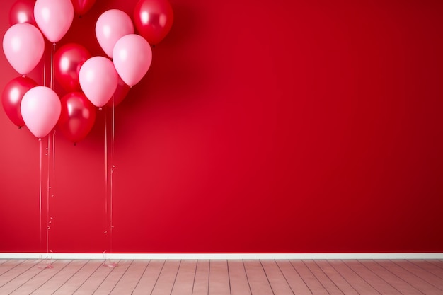 Red balloons near red wall with copy space Valentines day banner design Poster for the party