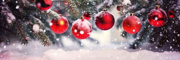 Red balls on fir branches Christmas concept with copy space