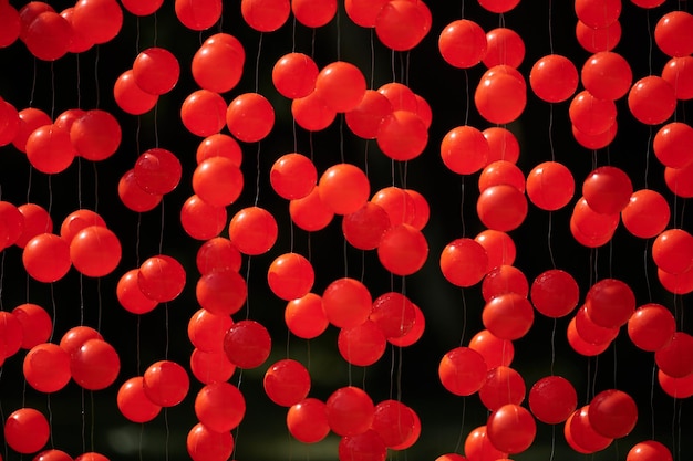 사진 혈액 세포와 인간의 건강을 상징하는 와이어 야외 예술품에 매달린 빨간 공