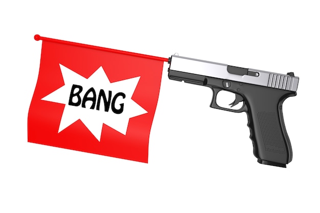 Red bang flag che esce dalla pistola moderna su sfondo bianco. rendering 3d