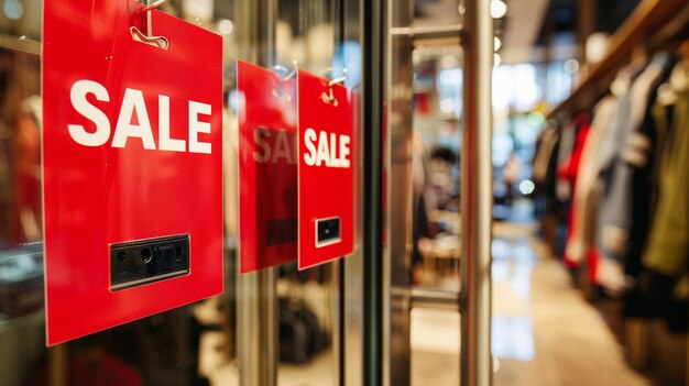 Photo red banners sale sign at clothing store