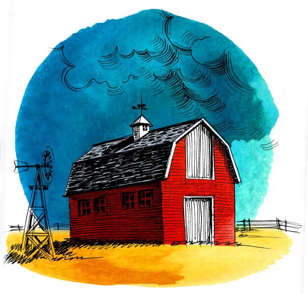 Red barn in the field Handdrawn ink and watercolor sketch