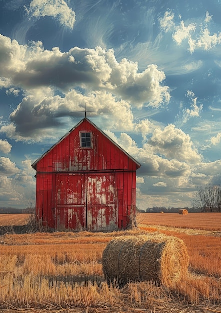Red barn and hay bales in field