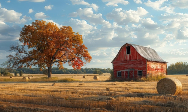 Red barn and hay bales sit in field on sunny autumn day