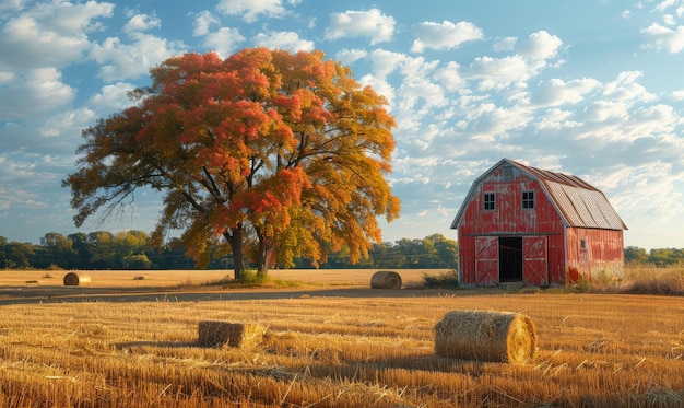 Red barn and hay bales sit in field on sunny autumn morning