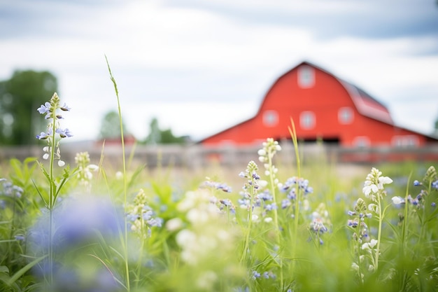 写真 紫色の花が前面にある遠くの赤い納屋