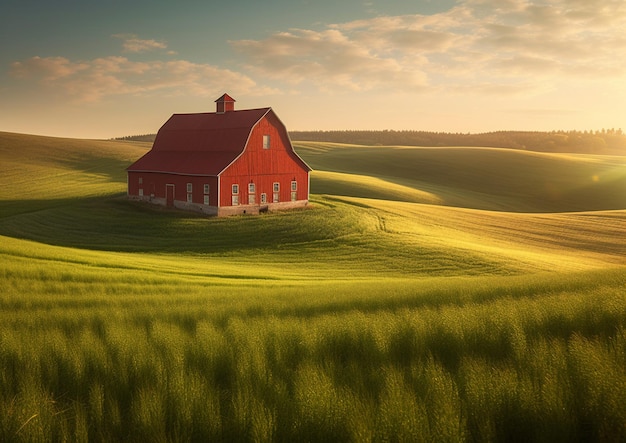 A red barn sits in a field of green grass.