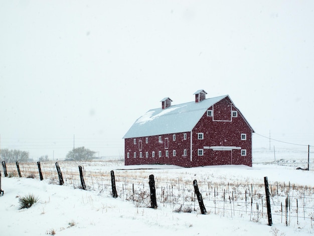 Red barn in snow storm in Colorado.