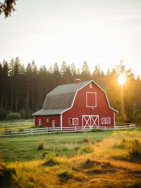 Photo red barn in washington field at sunset