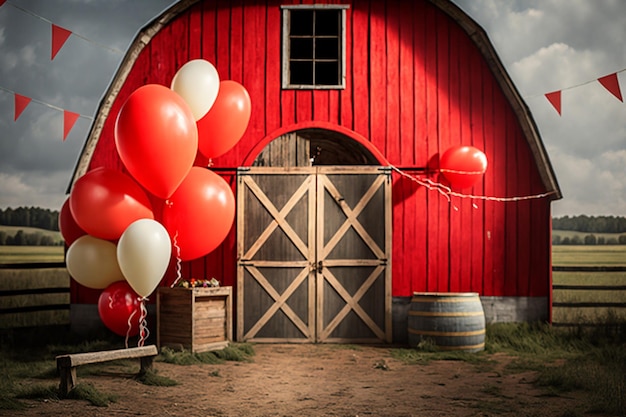 Foto un fienile rosso con palloncini davanti