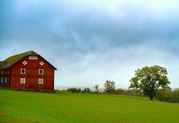 a red barn with a green roof and a tree in the background