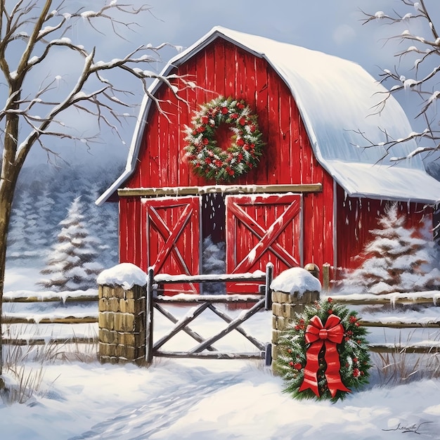 Photo a red barn with a wreath on the front