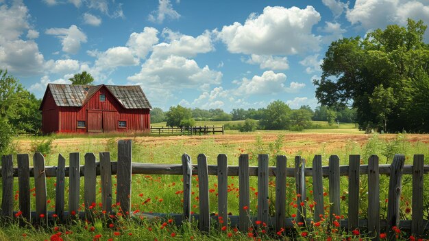 Foto il fienile rosso e la recinzione di legno nel campo