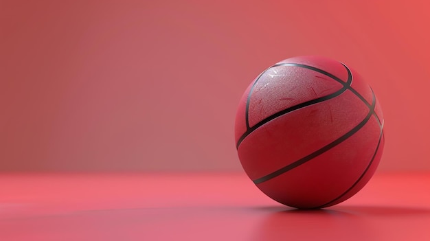 A red basketball sits on a red surface The ball is slightly tilted to the right The background is a solid red color