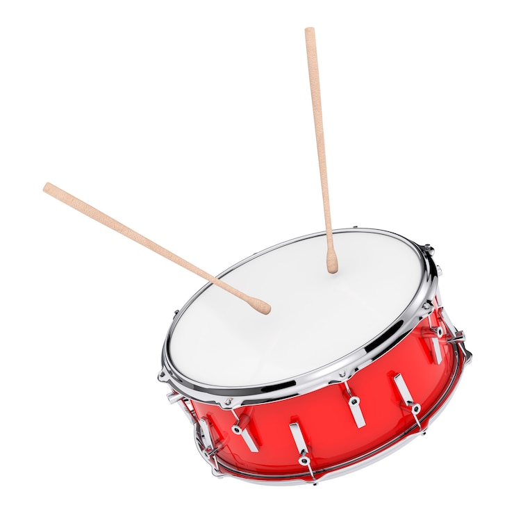 Photo red bass drum with pair of drum sticks on a white background. 3d rendering
