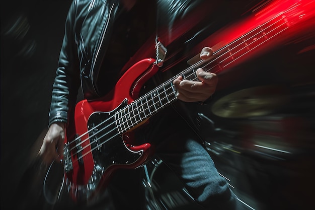 Red Bass Guitar Held by Man