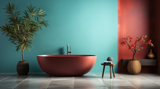 Red bathtub in a blue and red bathroom