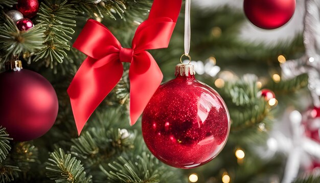 a red bauble hanging from a christmas tree with a red ribbon