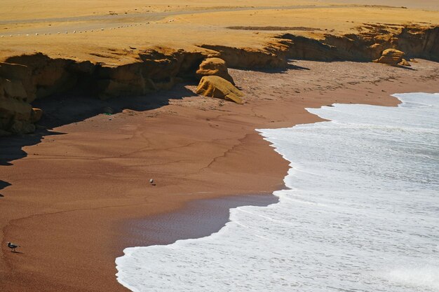 Photo the red beach or playa roja with pure white wave foam from the pacific ocean paracas peru