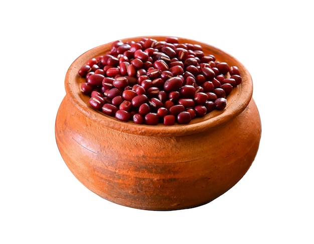 Red bean in clay pot on white background