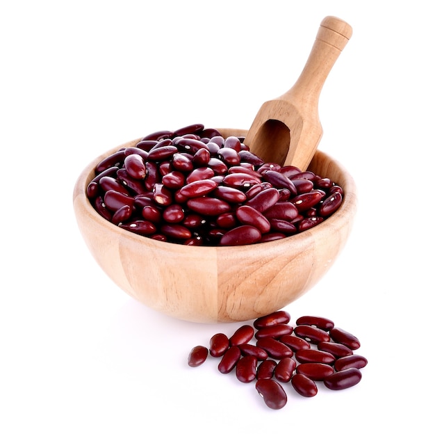 Red bean wooden bowl on white background