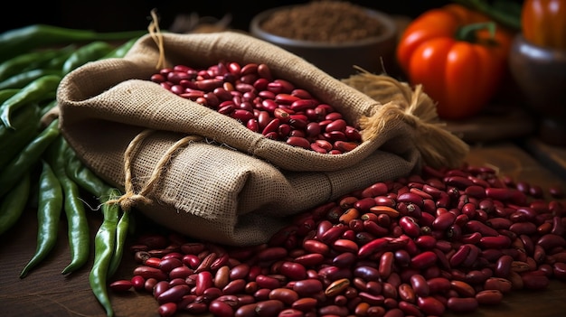 Red beans are on a table with other vegetables