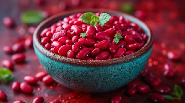 Red beans in a bowl on a red background Selective focus Generative AI