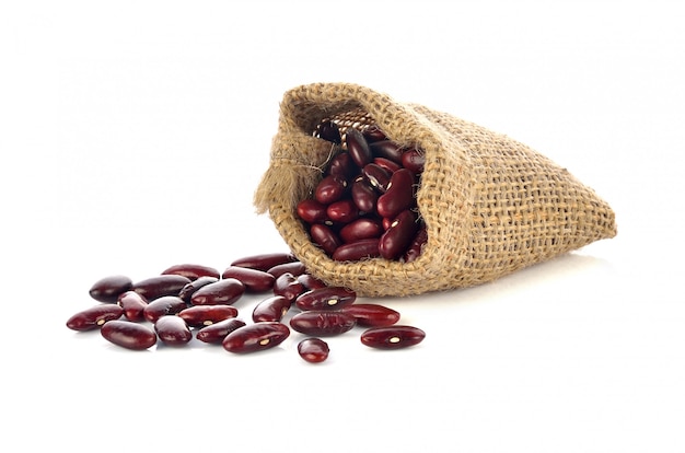 Red beans in the sack isolated on white background