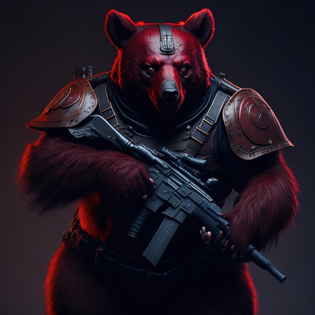 A red bear with a gun is standing in a dark room.