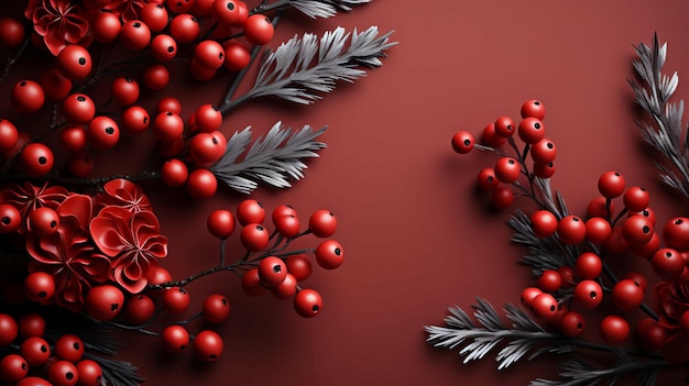 Red beautiful berries and toys background for the New Year and Christmas holiday