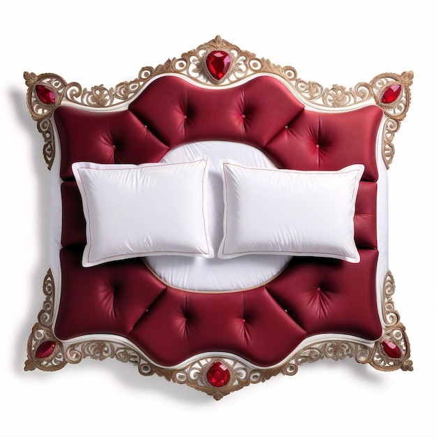 a red bed with pillows and pillows on it