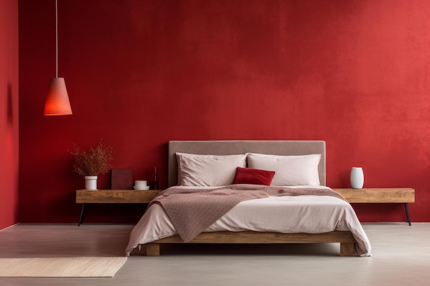 A red bedroom with a red wall and a red lamp.