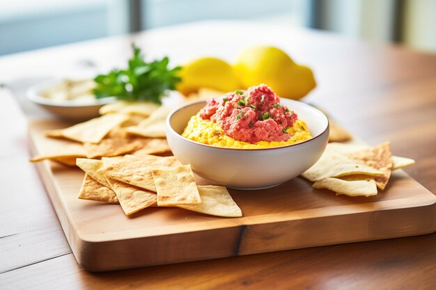 Red beet hummus with pita chips on a rustic wooden board