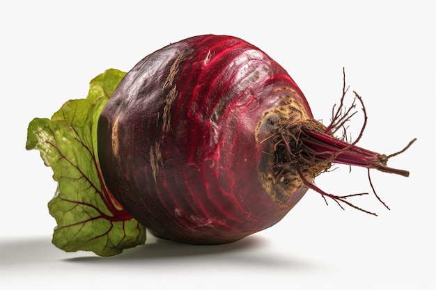 A red beet with green leaves sits on a white background.