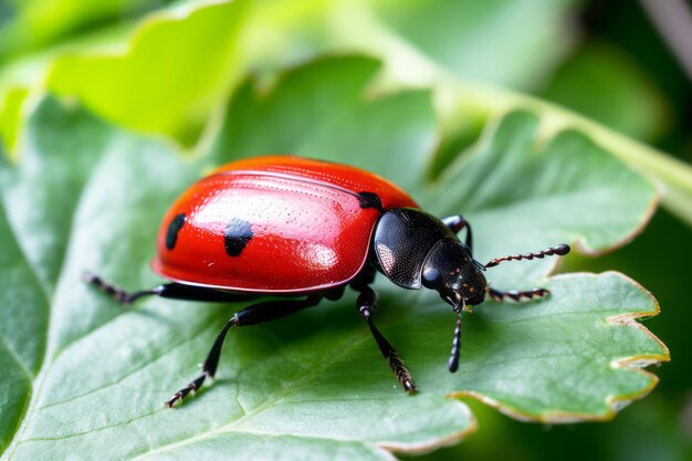 A red beetle crawling on a leaf