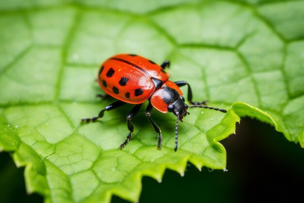 A red beetle crawling on a leaf