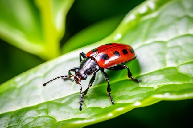 Красный жук ползет по листу
