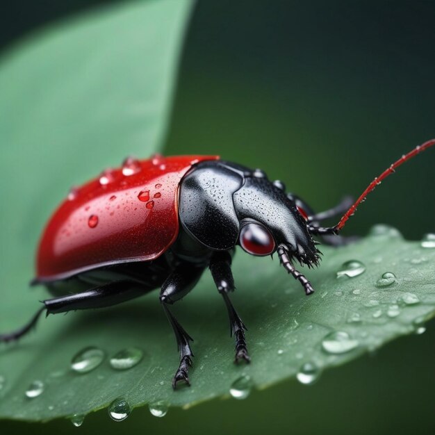 写真 露の葉の上に座っている赤い甲虫