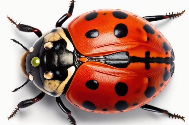 A red beetle with black dots on the front and the word ladybird on the front.