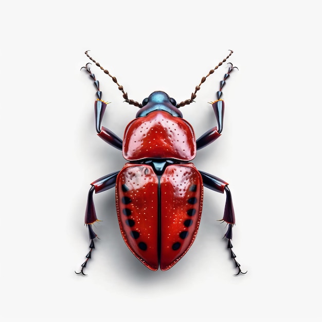 Красный жук с черными точками и красными точками сидит на белом фоне.