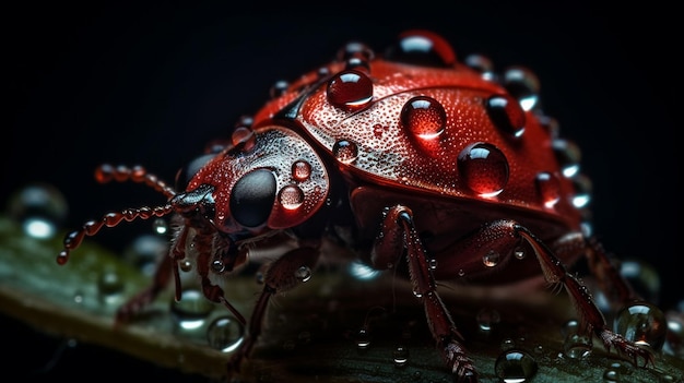 등에 물방울이 달린 붉은 딱정벌레가 잎사귀에 앉아 있다.