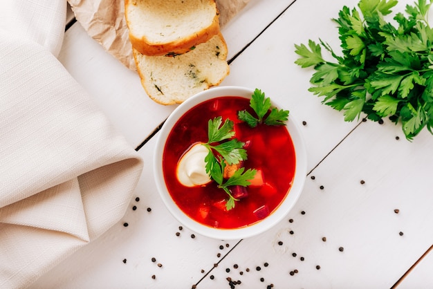 Red beetroot soup with fresh bread