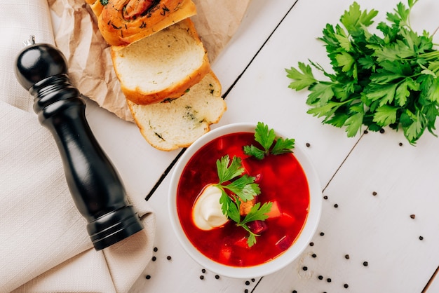 Red beetroot soup with fresh bread