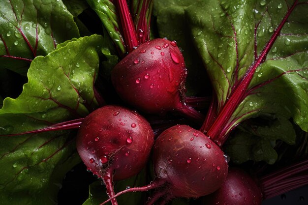 Red beetroot with drops of water and green leaves from the garden